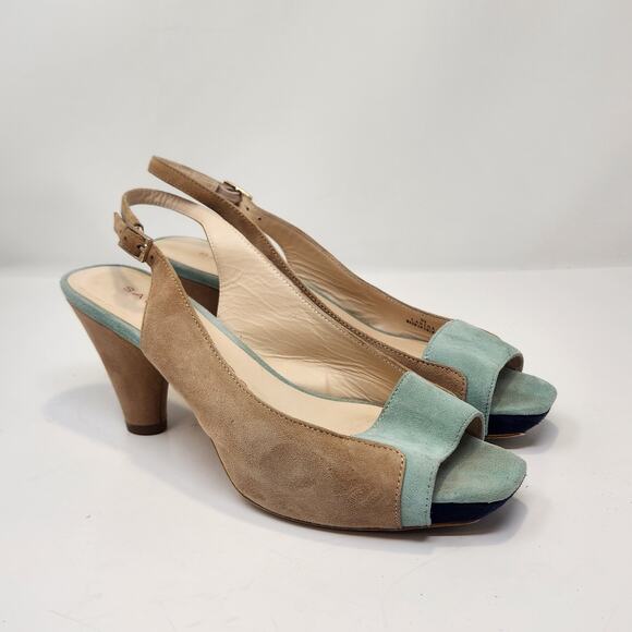 Sacha London Larisa Pump Slingback Heels Tan Mint Suede Women Size 8.5 Peep Toe - Picture 1 of 9